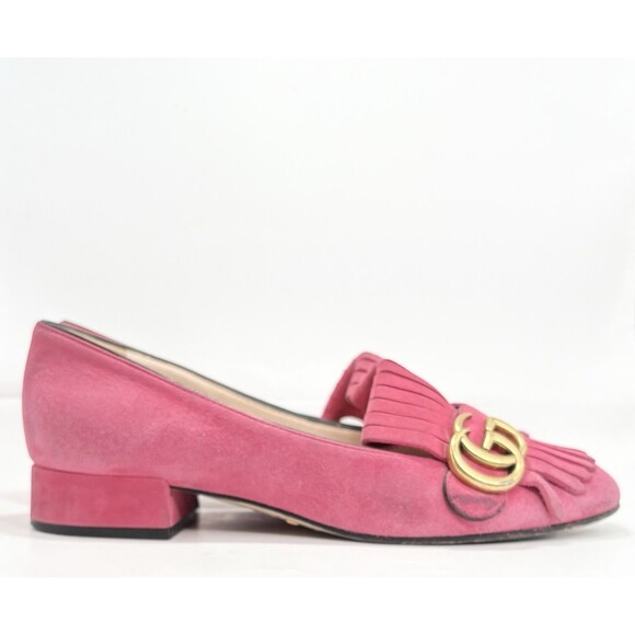 Gucci Pink Suede GG Marmont Fringe Detail Block Heels Gold Accent Sz EU 36.5 - Picture 1 of 16